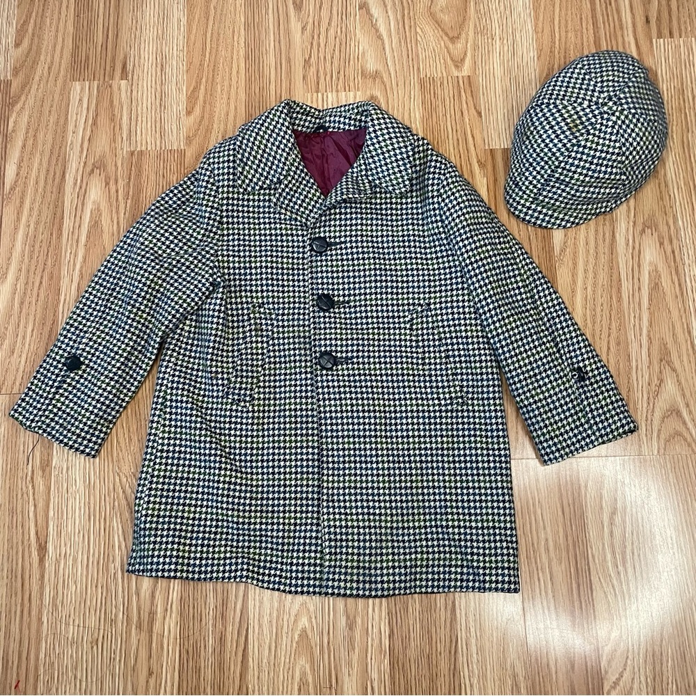 VTG 1950s FIELDSTON HOUNDSTOOTH COAT WITH MATCHING HAT SIZE 4/5 KIDS BOYS